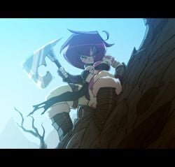 2016 2d_(artwork) axe bandaged_arm barbarian big_breasts bigdad boots closed_eyes digital_drawing_(artwork) female footwear gauntlets gaz_membrane invader_zim light-skinned_female loincloth markings mountain outdoors skull_ornament sky solo_female thicc_gaz thighs tree weapon