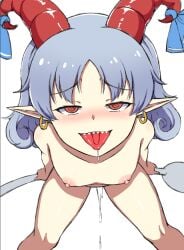 akasaka_sato blue_hair blush breasts cum cum_in_pussy cumdrip earrings female horns jewelry nipples pointy_ears pussy red_eyes saliva sharp_teeth simple_background small_breasts solo spoon teeth tongue tongue_out touhou toutetsu_yuuma white_background