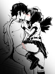 black_hair black_wings blush bondage censored faceless faceless_male female femdom geta hat hyudora kissing kneepit_sex male monochrome outercourse penis red_eyes shameimaru_aya short_hair skirt spot_color sweat tokin_hat tongue touhou wings