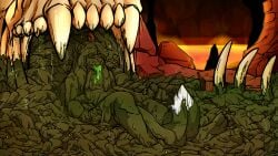 ahoge anthro bodily_fluids bone bread canid canine closed_eyes d_kenmason death-toaster detailed_background fangs feces feces_covered feces_everywhere feces_in_hair feces_on_body feces_on_face feces_on_hand feces_on_leg feces_on_tail feces_pool food fox green_vomit hair hell hi_res lava male mammal nude red_fox skull smelly solo stink_fumes stink_lines tail teeth true_fox vomit vomiting vomiting_on_self