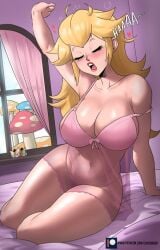 1girls alternate_version_available bedroom big_breasts blonde_hair blue_eyes breasts cleavage echosaber fat_breasts female female_only flat_belly hi_res hips huge_breasts indoors large_breasts light-skinned_female light_skin lingerie long_hair mario_(series) mushroom nintendo pink_lingerie princess_peach sleepwear slim_waist solo stretching super_mario_bros. thick_thighs thighs waking_up wholesome wide_hips yawn yawning
