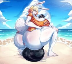 anthro ass asshole balls beach blonde_hair bunny_ears bunny_girl carrot_(one_piece) cock day equine_genitalia equine_penis erection furry futanari huge_ass huge_balls huge_breasts huge_cock looking_back one_piece penis rabbit rabbit_ears rabbit_girl rabbit_tail sand squatting sunny surprised surprised_expression water white_fur