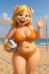ai_generated beach bikini busty_female chubby_female female hailey_the_pig looking_at_viewer pig sand smile volleyball
