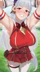 8mann armpits breasts female gold_ship_(umamusume) grey_hair long_hair looking_at_viewer pink_eyes showing_armpits smile solo solo_female solo_focus sweat sweaty_armpits umamusume umamusume_pretty_derby