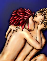 2boys axel back bare_back bare_shoulders blonde_hair blue_eyes closed_eyes gay hug kingdom_hearts male male_only moan nude open_mouth red_hair roxas short_hair spiked_hair yaoi