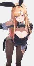 1girls animal_ear_hairband animal_ears barbell_piercing black_bow black_bowtie black_leotard blonde_hair bow bowtie breasts bunny_ears bunnysuit cleavage ear_piercing fake_animal_ears female female_focus fingernails fishnet_pantyhose fishnets gradient_hair gyaru hairband highres industrial_piercing jewelry kitagawa_marin large_breasts leotard long_fingernails long_sleeves looking_at_viewer multicolored_hair nail_polish pantyhose piercing pink_hair playboy_bunny rabbit_ear_hairband rabbit_ears red_eyes red_nails reulem ring simple_background smile solo sono_bisque_doll_wa_koi_wo_suru white_background wrist_cuffs