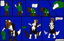 absurd_res anthro big_breasts bite bite_mark black_body black_fur blush bottomwear breasts brown_body brown_fur brown_hair canid canine clothing comic dialogue female fluffy fur gender_transformation genitals green_eyes hair hi_res howl human long_hair male mammal moan multicolored_body multicolored_fur mythological_canine mythological_creature mythology nipples nude nude_anthro nude_female pants pink_nipples reena_dreamer rule_63 shirt short_hair solo tail tail_motion tailwag thick_thighs topwear torn_clothing transformation vulva werecanid werecanine werecreature werewolf white_body white_fur