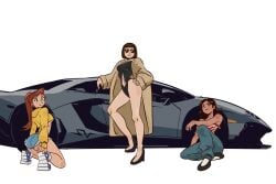 3girls alternate_version_available bandana bandana_top bangs batman:_the_brave_and_the_bold bob_cut booty_shorts brown_eyes brown_hair clerk_girl_(teen_titans) cropped_jacket crossover dark-skinned_female dark_skin dc dc_comics doom_patrol_fangirl female female_focus female_only fur_coat hi_res high_heels jeans lamborghini lamborghini_aventador legs light-skinned_female light_skin marvel marvel_comics naluxk_(artist) navel navel_cutout nervous nervous_smile pedestrian ponytail pose posing posing_for_picture posing_for_the_viewer shades shoes shorts smile sneakers socks sunglasses swimsuit teen_titans the_avengers:_earth's_mightiest_heroes thighs