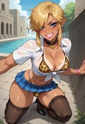 ai_generated big_breasts bikini bikini_bottom bikini_top blonde_hair breasts bulge collar eyebrows eyelashes eyeshadow futanari girly gyaru gyaru-oh gyarufication intersex leopard_print link lips lipstick makeup skirt standing stockings tan tan_skin tanline tanlines tanned the_legend_of_zelda thighs trans trans_woman