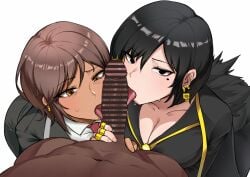 2girls absurdres arbiter_(project_moon) bar_censor binah_(project_moon) black_cape black_coat black_dress black_eyes black_hair blonde_hair breasts brown_eyes brown_hair cape censored cleavage clothed_female_nude_male coat collarbone colored_inner_hair commentary cooperative_fellatio dark-skinned_female dark_skin dress earrings english_commentary erection fellatio ffm_threesome fur-trimmed_coat fur_trim group_sex highres jewelry large_penis licking licking_penis limbus_company lobotomy_corporation looking_at_viewer mole mole_under_eye multicolored_hair multiple_girls necktie nude oral outis_(project_moon) penis pov pov_crotch project_moon red_necktie ring shirt short_hair simple_background straight sweat teamwork_(sexual) tetsunana threesome tongue tongue_out veins veiny_penis white_background white_necktie