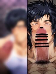2boys abs bara beard_stubble big_penis black_hair blue_eyes blurry blush bottomless censor_bar censored censored_penis collarbone duo erection foreskin foreskin_folds gay group hi_res huge_cock imminent_fellatio imminent_oral looking_at_penis male male/male male_only medium_hair murakami_tarosu muscles muscular muscular_male navel original original_character penis_bigger_than_head penis_on_face pointless_censoring pov pubic_hair red_glans retracted_foreskin six_pack steam steamy_penis sweat sweatdrop thick_eyebrows thick_penis thisarmor two_panel_image uncircumcised uncut veiny_penis yaoi