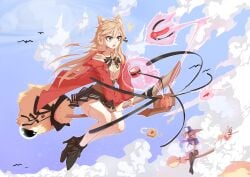 3girls absurdres animal_ear_fluff animal_ears animi bag black_shoes blonde_hair bow bowtie broom broom_riding brown_eyes cat_ears cloud cloudy_sky coat commentary_request dildo dildo_gag feathermare female flying full_body gag hat highres long_hair multiple_girls open_mouth original outdoors pink_hair pleated_skirt potion red_coat rope sex_toy shirt shoes skindentation skirt sky teeth thighhighs upper_teeth very_long_hair white_thighhighs witch witch_hat zettai_ryouiki
