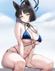 absurdres allied_hyakkiyako_academy_student animal_ears bikini black_choker black_eyes black_hair blue_archive blue_bikini blue_halo blue_nails blush breasts choker closed_mouth female halo highres hyakkaryouran_conflict_resolution_council_(blue_archive) kikyou_(blue_archive) kikyou_(swimsuit)_(blue_archive) lansulynn large_breasts looking_at_viewer nail_polish navel official_alternate_costume short_hair side-tie_bikini_bottom sitting skindentation solo swimsuit thighs underboob