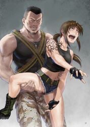 1boy 1girls arm_tattoo ass azasuke black_lagoon brown_hair censored censored_penis clothed clothed_female clothed_male clothing erection facial_hair female fingerless_gloves gloves grabbing_from_behind huge_cock long_hair male male/female mosaic_censoring muscular muscular_male open_clothes open_mouth open_smile partially_clothed penetration penis ponytail pussy rape revy sex sex_from_behind sunglasses tattoo underwear vaginal_insertion vaginal_penetration vaginal_sex