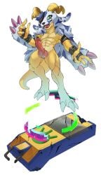 1_eye 2025 2_horns 4_fingers absurd_res animal_skin anthro bandai_namco belt bent_legs biceps blue_body blue_fur blush bodily_fluids broken_glass buckle countershade_face countershade_neck countershade_scales countershade_torso countershading digimon digimon_(species) digital_drawing_(artwork) digital_media_(artwork) digivice eye_patch eye_patch_only eyewear fingers full-length_portrait fur gabumon garabumon genital_fluids genitals glans glass glitch green_eyes hi_res horn knot leaking_precum leather leather_strap liecomj long_penis male multicolored_body multicolored_fur multicolored_scales multicolored_skin muscular navel pecs penis pink_glans portrait pose precum precum_on_penis ribbed_penis scales scalie scratches shaded simple_background smile solo spiral_horn straps striped_body striped_fur stripes tail thick_penis tongue two_tone_body two_tone_fur two_tone_skin vein veiny_penis white_background white_body white_fur yellow_body yellow_horn