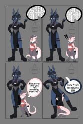 anthro big_tail breasts clothing comic dialogue dialogue_bubble drow duo elf elf_ears elf_female female flat_chested fluffy herm hermaphrodite horn horns humanoid intersex intersex/female kobold nedalyne oc public satedsatyr scailie self_upload speech_bubble standing tail tiefling vee