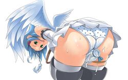 angel angel_wings artist_request ass bent_over blue_hair blush bottle character_request green_eyes nanael panties panty_shot pantyshot presenting queen's_blade short_hair sugiura thighhighs underwear wings