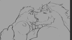 anthony_drescar_(markusd) anthro anthro_on_anthro bear beard big_muscles canid canine canis duo enti_orasia_(entitropy) facial_hair fur kiss_on_lips kissing male male/male mammal markusd muscular muscular_male polar_bear simple_background ursine wolf