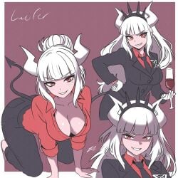 1girls black_tail blush border breasts business_suit contrapposto cup demon_girl demon_horns demon_tail drinking_glass female formal_clothes gloves hairband helltaker highres holding horns large_breasts long_hair looking_at_viewer lucifer_(helltaker) mole mole_under_eye necktie red_eyes red_shirt shirt smile spiked_hairband spikes suit tail white_border white_hair white_horns windriftdraws wine_glass