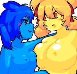 2d 2girls algebralien battle_for_bfb battle_for_bfdi battle_for_dream_island bfb bfdi blue_body blue_hair blue_nipples blue_skin blush blushing blushing_female breasts breasts_out chubby_female color colored female female/female female_only four_(bfb) gijinka humanized jacknjellify janny2763 object_show object_show_community object_shows orange_blush osc pink_blush ponytail pressed_together red_eyes skinny_girl smirk the_power_of_two tpot twintails white_background x_(bfb) x_finds_out_his_value yellow_body yellow_eyes yellow_hair yellow_nipples yellow_skin yuri
