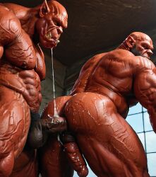 3d ai_generated bara big_muscle big_penis erection huge_cock male muscular_male orc orc_male orced penis red_skin
