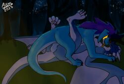 2025 alex_(alexei_the_dragon) alexei_the_dragon backsack balls balls_deep blue_body digital_media_(artwork) dragon duo european_mythology facial_markings female female_penetrated feral from_front_position genitals head_markings hi_res horn licking lying male male/female male_penetrating male_penetrating_female markings mating_press mythological_creature mythological_scalie mythology night on_back outside penetration scalie sex tongue western_dragon wings wyvern