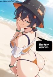 ai ai_generated alluring ass athletic bare_shoulders beach beautiful belle_(summer_skies)_(zenless_zone_zero) belle_(zenless_zone_zero) big_ass big_butt bikini bikini_top black_hat blurry_background blush bracelets brat bright_light brother_and_sister bubble_ass bubble_butt bucket_hat character_focus clean_lines close-up clouds confident confident_stare daytime depth_of_field detailed_background detailed_face dialogue dramatic_lighting earrings english_text eyebrow_raised falling_shirt female fit_girl focused from_behind full_body_view glistening glowing_skin green_bracelets green_eyes hair_clip hair_over_shoulder hair_tie half-closed_eyes hand_on_cheek hat high_contrast high_quality hoyoverse implied_incest inviting jewelry large_breasts letter_n light_smile logo long_eyelashes looking_at_viewer looking_back male_pov messy_hair micro_bikini moist motion_lines necklace ocean open_shirt orange_bikini orange_hair_clip orange_hair_tie orange_hat_band outdoors pale_skin parted_lips perfect_breasts playful plump_butt posing round_ass sand seductive seductive_look see-through shiny_skin short_hair sideboob simple_background sky smiling smug smug_face soft_lighting solo sparkle speech_bubble string_bikini subtle_blush sunlight sweat teasing text thick_thighs thong toned ui vortalis waist_up wet wet_shirt white_shirt wide_hips wise_(zenless_zone_zero) zenless_zone_zero