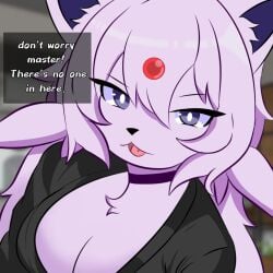1:1 2025 anthro anthrofied big_breasts breasts bust_portrait cleavage clothed clothing dialogue digital_media_(artwork) eeveelution english_text espeon evaacii fangs female fur generation_2_pokemon hair hi_res long_hair looking_at_viewer master nintendo open_mouth pokemon pokemon_(species) pokemorph portrait purple_body purple_eyes purple_fur shirt solo teeth text topwear