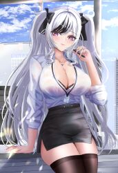 alternate_costume arm_support azur_lane black_bra black_hair black_skirt black_thighhighs blush bow bra bra_peek bra_visible_through_clothes breasts cg cleavage closed_mouth collared_shirt cross elbe_(azur_lane) female hair_ribbon hairbow hand_up holding id_card indoors jewelry lanyard large_breasts long_hair long_sleeves looking_at_viewer miniskirt multicolored_hair necklace office pen pencil_skirt purple_eyes shirt shirt_tucked_in skirt sky solo streaked_hair thighhighs thighs twintails underwear very_long_hair white_hair white_shirt window zettai_ryouiki