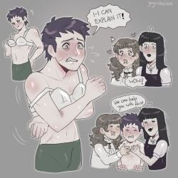 1boy 1dickgirl 1girls 2d black_hair black_hair_female black_lipstick blush bra breasts brown_hair brown_hair_female caught_in_the_act comforting crossdressing crossdressing_male dickgirl digital_drawing digital_media embarrassed embarrassed_female fear_and_hunger fear_and_hunger:_termina female flat_chest fluff futanari futasub goth hiding_breasts implied_yuri intersex levi_(fear_and_hunger) lip_piercing male marina_(fear_and_hunger) pierced_ears polyamory samarie_(fear_and_hunger) scar_on_face scars scars_all_over self_harm self_harm_scars sfw trad_goth trans_woman transfem transgender_woman twintails white_bra wholesome wholesome_nudity yoyowhalee