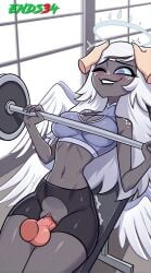 ai ai_generated angel angel_wings biting_own_lip breasts cartoon dark-skinned_female emily_(hazbin_hotel) ends34 female female_focus grabbing grabbing_head gym gym_uniform hazbin_hotel long_hair medium_breasts narrow_waist one_eye_closed sex shorts white_hair