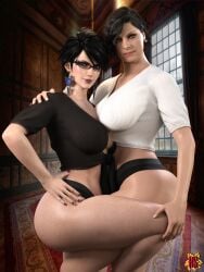 2girls 3d alcina_dimitrescu bayonetta bayonetta_(character) bayonetta_2 big_breasts blue_eyes breasts crossover female hagiwara_studio panties resident_evil resident_evil_8:_village thick_thighs yuri