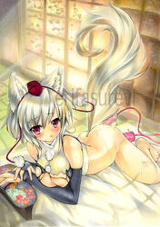 1girls animal_ears ass bare_shoulders barefoot black_legwear blush bottomless breasts bridal_gauntlets female hat insertion large_breasts lying mezashi_gohan momiji_inubashiri nipples no_bra on_stomach red_eyes sample short_hair silver_hair solo tail tokin_hat torn_clothes touhou traditional_media vibrator watermark wolf_ears wolf_tail