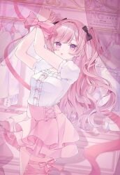 black_bow blush bow breasts female frills hair_ornament hairbow highres long_hair looking_at_viewer open_clothes original pink_bow pink_hair pink_skirt purple_eyes ribbon shirt short_sleeves skirt solo twintails very_long_hair white_hair