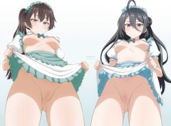 2girls absurdres ahoge apron aqua_apron aqua_bow aqua_skirt artist_name audirenze bikini bikini_top_only black_hair blue_apron blue_bow blue_skirt blush bow breasts brown_hair choppy_bangs cleft_of_venus closed_mouth clothes_lift commentary cowboy_shot detached_sleeves double-parted_bangs english_commentary expressionless eyelashes female fingernails frilled_skirt frilled_sleeves frills hair_between_eyes hair_bun hairbow high-waist_skirt highres huge_ahoge kimishima_ayano large_breasts layered_skirt legs_apart lifting_own_clothes long_bangs long_hair looking_at_viewer looking_down maid maid_apron maid_headdress micro_bikini multiple_girls no_panties one_side_up ponytail purple_eyes pussy short_sleeves simple_background skirt skirt_lift smile standing straight_hair string_bikini suou_yuki swimsuit tokidoki_bosotto_roshia-go_de_dereru_tonari_no_alya-san uncensored variant_set very_long_hair waist_apron white_background white_bikini white_sleeves