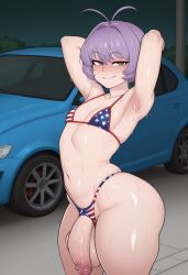 1boy 1femboy ai_generated american_flag_bikini american_flag_thong armpits arms_up ass big_penis bikini bikini_bottom bikini_top crossdressing femboy frozenstaruraume girly hung_trap komi-san_wa_komyushou_desu looking_at_viewer male osana_najimi outdoors outside penis sweat sweatdrop thick_thighs thighs thong trap
