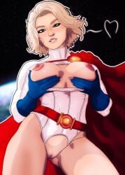 1girls abs ass athletic_female belt big_breasts blonde_hair blue_eyes blurred_background blush bodysuit boob_window breasts cape dc dc_comics erect_nipples exhibitionism exposed_breasts exposed_pussy female fit_female functionally_nude gingiensfw gloves holding_breasts karen_starr kryptonian large_breasts leotard looking_at_viewer massive_breasts muscular muscular_female planet power_girl propped_up pussy seductive_smile shaved_pussy short_hair solo solo_female space spoken_heart stars thick_thighs wide_hips