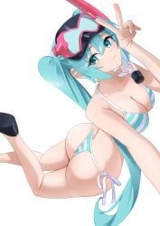 ass bikini bikini_bottom bikini_top breasts closed_mouth female hatsune_miku large_ass large_breasts scuba scuba_mask shoes smile snorkel swim_goggles v vocaloid
