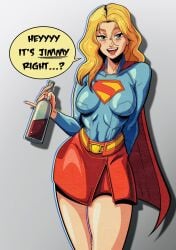 1girls alcohol alternate_version_available big_breasts blonde_female blonde_hair blue_eyes blush breasts cape clothed clothes clothing dc dc_comics dcu drunk drunk_female female female_focus female_only flirt flirting jimmy_olsen milkcratecomics offscreen_character skirt supergirl supergirl_(dcu) superhero superheroine superman_(2025) superman_(series) thighs