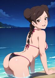 1girls ai_generated bare_arms bare_shoulders bare_thighs beach bikini bikini_bottom bikini_top blush braided_hair braided_ponytail breasts bridge brown_eyes brown_hair chscreenshots cleavage dock female female_focus female_only g-string hair_buns hair_ribbon hi_res high_resolution highres in_water inner_sideboob large_breasts light-skinned_female light_skin lips lipstick looking_at_viewer looking_back makeup medium_breasts naruto naruto:_the_last naruto_(series) naruto_shippuden nature nature_background night outdoors outside pale-skinned_female pale_skin partially_submerged perky_breasts pinup ponytail seaside shounen_jump shueisha sideboob skimpy skimpy_bikini smile smiling smiling_at_viewer solo solo_female solo_focus striped_bikini swept_bangs swimsuit teen teenage_girl teenager tenten thong tied_hair toned toned_female underboob very_high_resolution weekly_shonen_jump