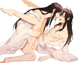 2boys alternate_costume alternate_hairstyle anal ass bare_pectorals bare_shoulders barefoot bathrobe bishounen black_hair blush bottomless chinese_clothes collarbone cum cum_in_ass cum_on_ass cum_on_body cum_on_male eye_contact hair_down hand_on_another's_thigh hanfu happy_sex highres jujeop kneeling lan_wangji leg_grab long_hair looking_at_another male male_focus missionary modao_zushi multiple_boys navel nipples off_shoulder open_clothes open_mouth open_robe parted_lips pectorals purple_eyes robe sex sidelocks simple_background sitting smile spread_legs sweat wei_wuxian white_background white_robe yaoi yellow_eyes