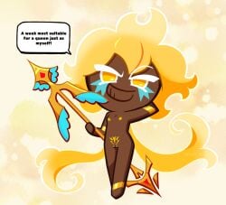 accurate_art_style barely_clothed cookie_run cookie_run_kingdom dark-skinned_female dark_skin flat_chest gold gold_anklet gold_armlet golden_cheese_cookie golden_week looking_at_viewer nipples nude pubic_hair pubic_tattoo pussy smirk smug soff_doll tattoo text twintails uncensored yellow yellow_eyes yellow_hair