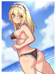 ass bare_shoulders bikini blonde_hair blush breasts cougar_(cougar1404) female from_behind frown green_eyes headdress huge_ass large_breasts long_hair looking_at_viewer maid maid_bikini maid_headdress parted_lips sideboob solo sweatdrop swimsuit unconventional_maid water wet