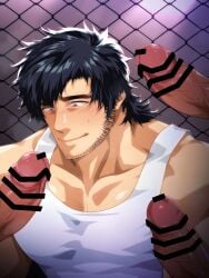 4boys bara beard_stubble big_penis black_hair blue_eyes blurry_background blush censor_bar censored censored_penis erection fence foreskin foreskin_folds foursome frenulum frown gay group hi_res huge_cock imminent_fellatio imminent_oral looking_at_penis male male/male male_only medium_hair murakami_tarosu muscles muscular muscular_male original original_character pecs penis_bigger_than_head pointless_censoring red_glans retracted_foreskin smile surrounded_by_penises sweat sweatdrop tank_top thick_eyebrows thick_penis thisarmor uncircumcised uncut veiny_penis yaoi