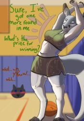 absurd_res after_exercise ambiguous_gender animal_genitalia anthro audrey_(lizet) ball basketball_(ball) big_breasts black_body black_fur black_nose blue_body blue_fur blush blush_lines bodily_fluids bottomwear bra breasts burnyburnstein claws clenched_hands cloaca clothed clothing confident_female digital_media_(artwork) digitigrade duo ear_piercing english_text eyebrow_piercing facial_piercing feet female fur furgonomics furry-specific_piercing genitals green_eyes gym hi_res kangaroo macropod mammal marsupial multicolored_body multicolored_fur offscreen_character piercing pouch_(anatomy) pouch_piercing public public_nudity raised_bottomwear raised_clothing raised_skirt simple_face skirt solo_focus sports_bra sports_skirt stretching sweat sweatdrop sweaty_arms sweaty_breasts sweaty_clothing sweaty_face sweaty_legs sweaty_tail text toe_claws toes underwear vulva white_body white_fur