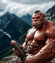 3d ai_generated bara big_muscle big_penis erection huge_cock male muscular_male orc orc_male orced penis red_skin