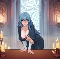 blue_eyes blue_hair breasts breasts_out caroline_(naytlayt) church clothes_pull female highres large_breasts long_hair naytlayt no_bra nun original pink_lips