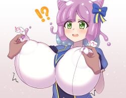 breasts breasts huge_breasts japanese_text lactating lactation milk nipple_bulge nipple_play puniru_(puniru_wa_kawaii_slime) puniru_wa_kawaii_slime slime_girl tagu_hblabe text