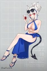 1girls absurdres black_tail blue_dress blue_sandals breasts crossed_legs cup demon_girl demon_horns demon_tail dress eyewear_on_head female helltaker highres holding holding_cup horns large_breasts legs looking_at_viewer lucifer_(helltaker) mole mole_under_eye nail_polish navel noah_(tettsui-sole) ponytail red_eyes sandals short_hair sitting smile solo sunglasses tail thighs toenail_polish toenails toes twitter_username white_hair white_horns