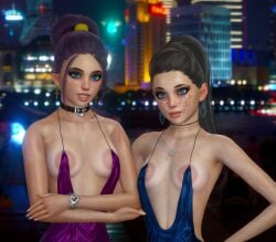 black_hair necklace purple_hair revealing_clothes rooftop watch